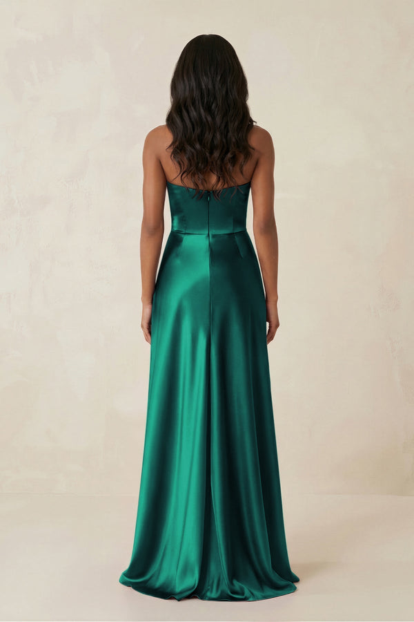 Sheath Strapless Ruffled Satin Bridesmaid Dress in Green - KissProm Bridesmaid Dresses