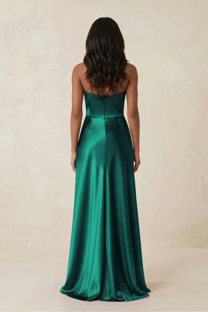 Sheath Strapless Ruffled Satin Bridesmaid Dress in Green - KissProm Bridesmaid Dresses