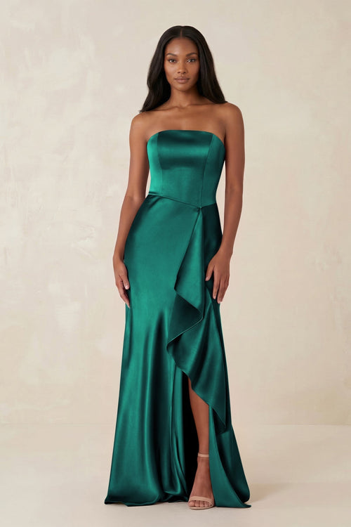 Sheath Strapless Ruffled Satin Bridesmaid Dress in Green - KissProm Bridesmaid Dresses