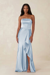 Sheath Strapless Ruffled Satin Bridesmaid Dress in Ice - KissProm Bridesmaid Dresses
