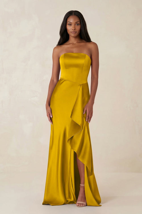 Sheath Strapless Ruffled Satin Bridesmaid Dress in Marigold - KissProm Bridesmaid Dresses