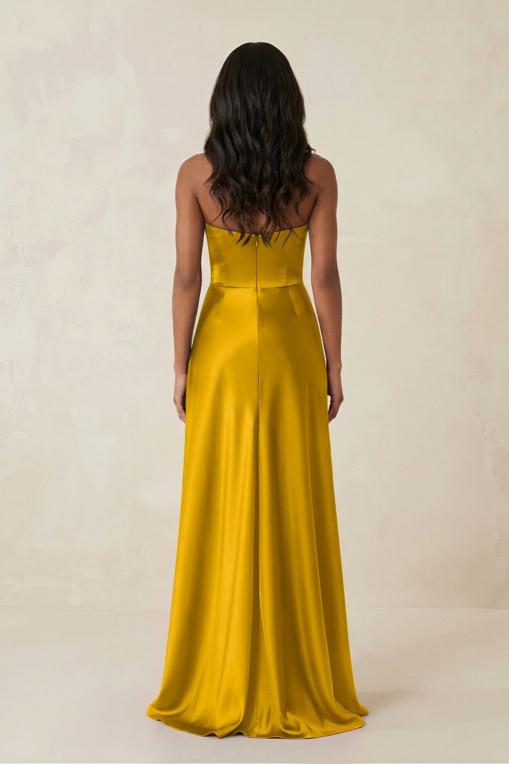 Sheath Strapless Ruffled Satin Bridesmaid Dress in Marigold - KissProm Bridesmaid Dresses