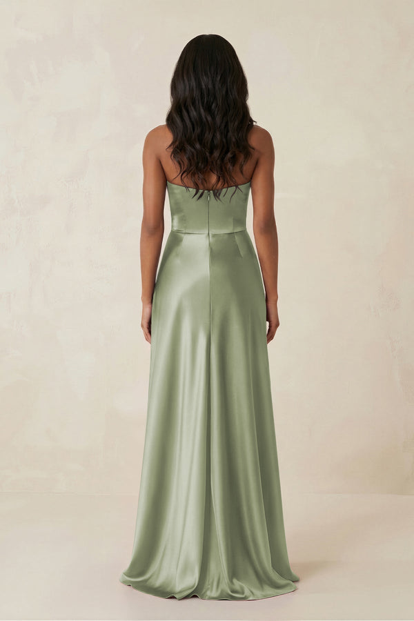 Sheath Strapless Ruffled Satin Bridesmaid Dress in Matcha - KissProm Bridesmaid Dresses