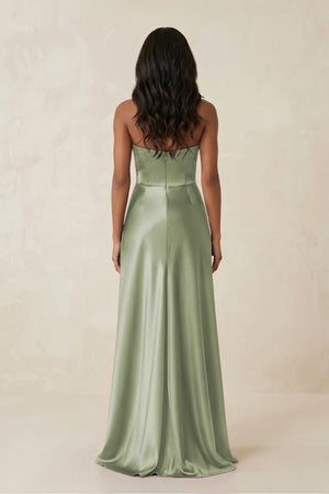 Sheath Strapless Ruffled Satin Bridesmaid Dress in Matcha - KissProm Bridesmaid Dresses