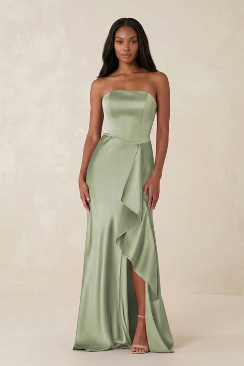 Sheath Strapless Ruffled Satin Bridesmaid Dress in Matcha - KissProm Bridesmaid Dresses