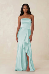 Sheath Strapless Ruffled Satin Bridesmaid Dress in Mist - KissProm Bridesmaid Dresses