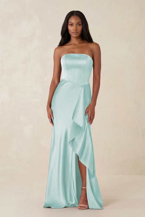 Sheath Strapless Ruffled Satin Bridesmaid Dress in Mist - KissProm Bridesmaid Dresses
