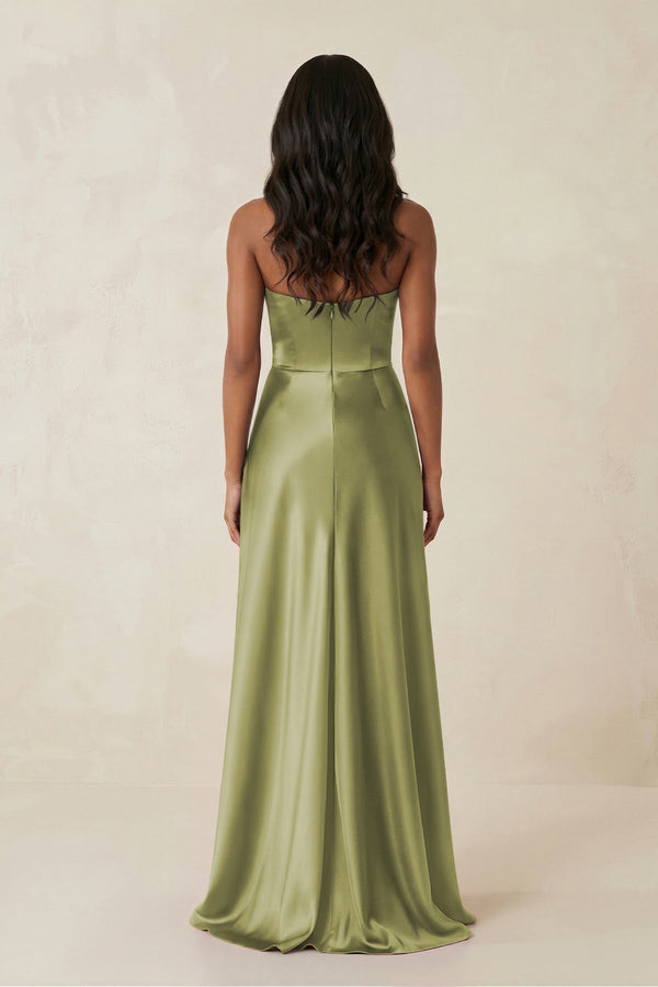 Sheath Strapless Ruffled Satin Bridesmaid Dress in Moss Green - KissProm Bridesmaid Dresses