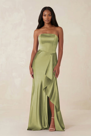 Sheath Strapless Ruffled Satin Bridesmaid Dress in Moss Green - KissProm Bridesmaid Dresses