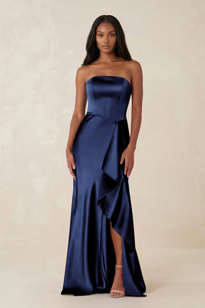 Sheath Strapless Ruffled Satin Bridesmaid Dress in Navy - KissProm Bridesmaid Dresses