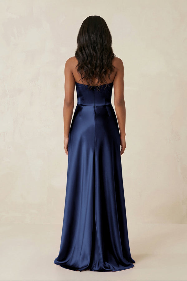 Sheath Strapless Ruffled Satin Bridesmaid Dress in Navy - KissProm Bridesmaid Dresses