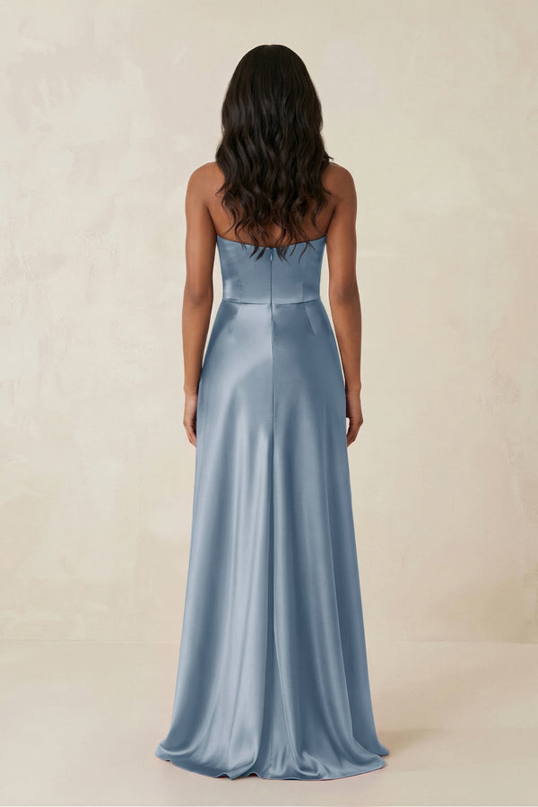 Sheath Strapless Ruffled Satin Bridesmaid Dress in Neptune - KissProm Bridesmaid Dresses