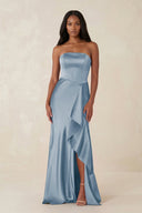 Sheath Strapless Ruffled Satin Bridesmaid Dress in Neptune - KissProm Bridesmaid Dresses