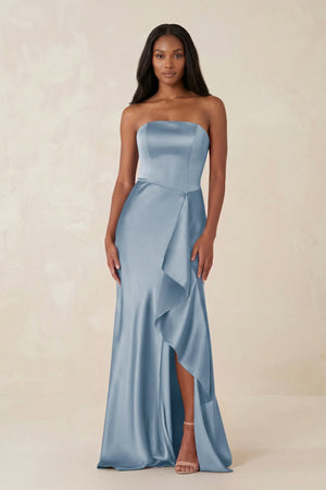 Sheath Strapless Ruffled Satin Bridesmaid Dress in Neptune - KissProm Bridesmaid Dresses