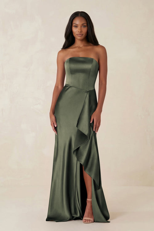 Sheath Strapless Ruffled Satin Bridesmaid Dress in Olive - KissProm Bridesmaid Dresses