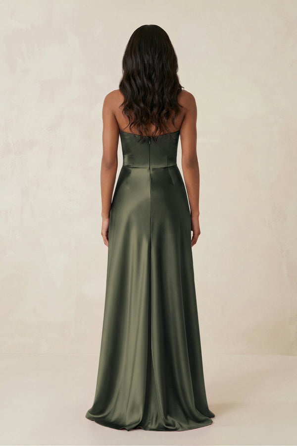 Sheath Strapless Ruffled Satin Bridesmaid Dress in Olive - KissProm Bridesmaid Dresses