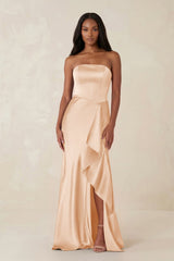 Sheath Strapless Ruffled Satin Bridesmaid Dress in Pale Blush - KissProm Bridesmaid Dresses