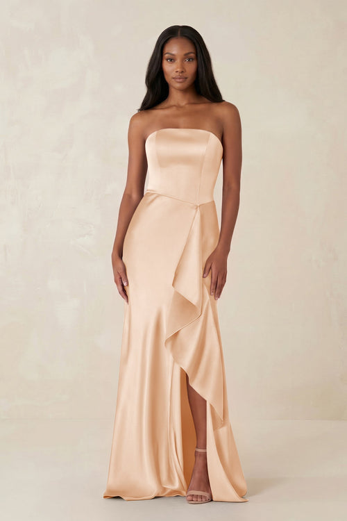 Sheath Strapless Ruffled Satin Bridesmaid Dress in Pale Blush - KissProm Bridesmaid Dresses