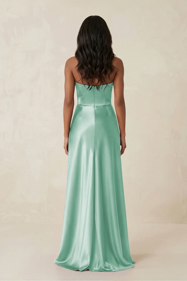 Sheath Strapless Ruffled Satin Bridesmaid Dress in Pale Pistachio - KissProm Bridesmaid Dresses