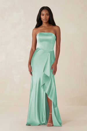 Sheath Strapless Ruffled Satin Bridesmaid Dress in Pale Pistachio - KissProm Bridesmaid Dresses