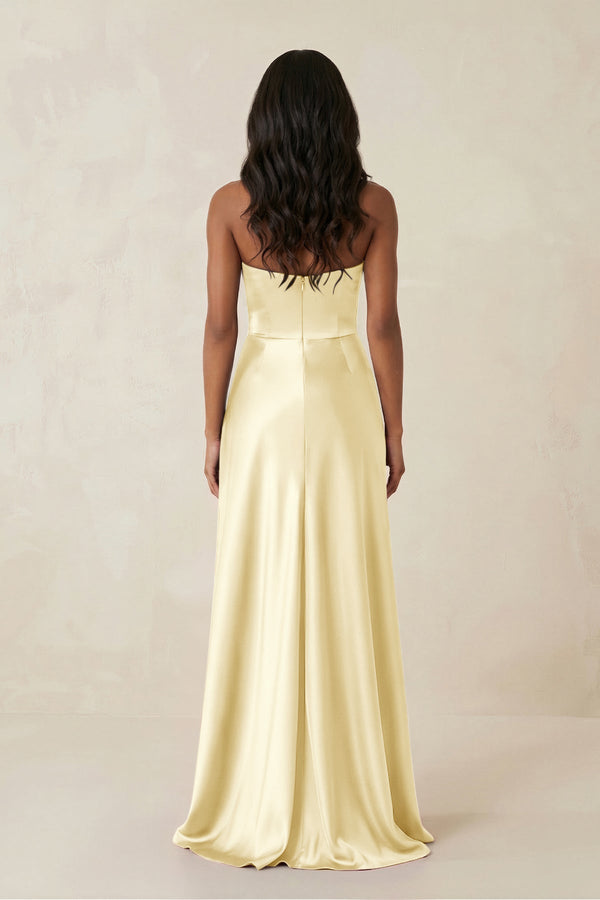 Sheath Strapless Ruffled Satin Bridesmaid Dress in Pastel Yellow - KissProm Bridesmaid Dresses