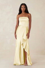 Sheath Strapless Ruffled Satin Bridesmaid Dress in Pastel Yellow - KissProm Bridesmaid Dresses
