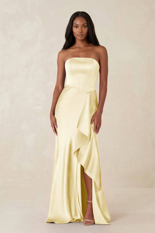 Sheath Strapless Ruffled Satin Bridesmaid Dress in Pastel Yellow - KissProm Bridesmaid Dresses