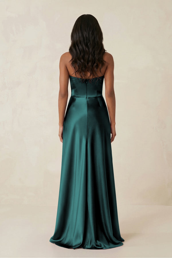 Sheath Strapless Ruffled Satin Bridesmaid Dress in Pine - KissProm Bridesmaid Dresses