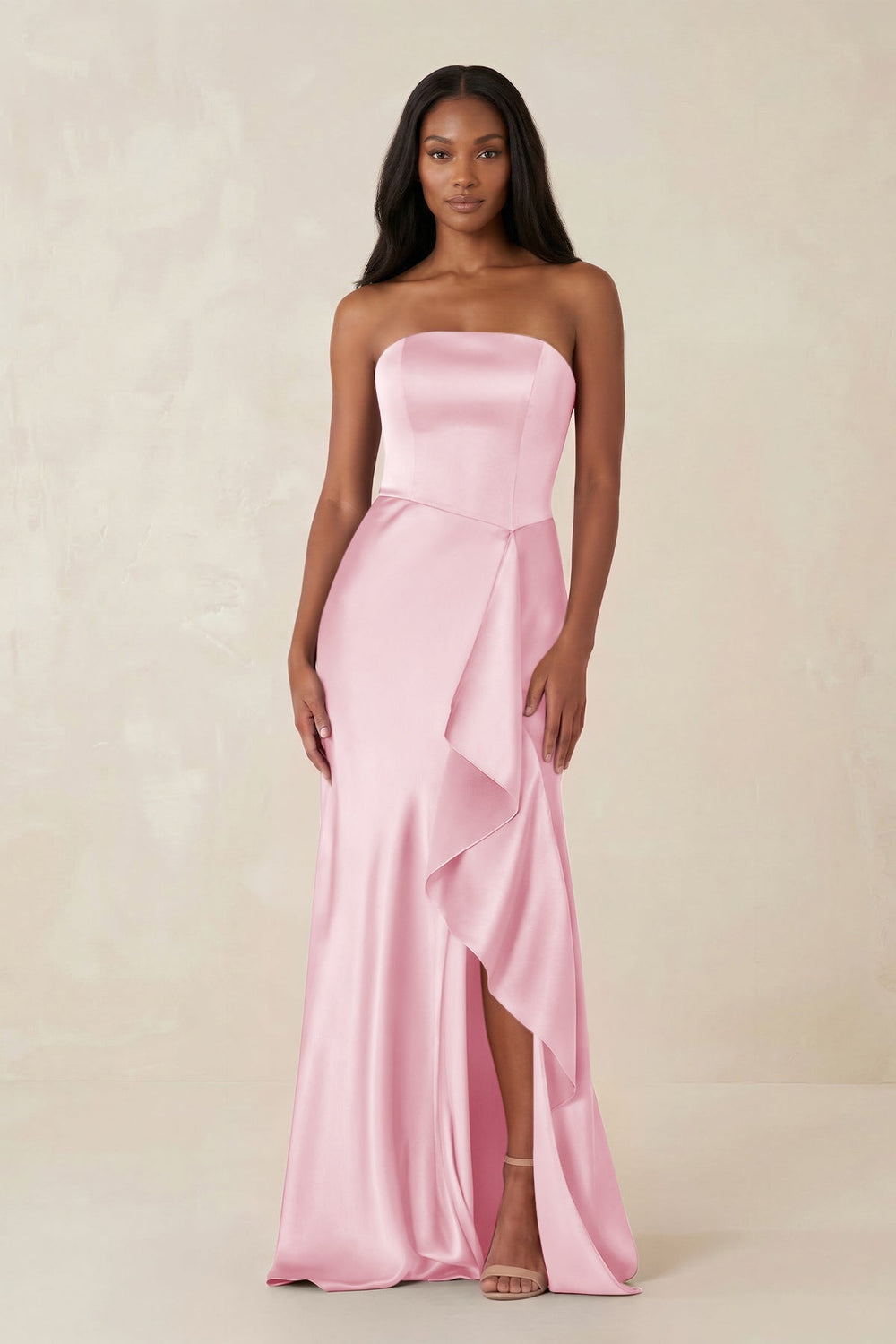Sheath Strapless Ruffled Satin Bridesmaid Dress in PInk - KissProm Bridesmaid Dresses