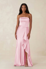 Sheath Strapless Ruffled Satin Bridesmaid Dress in PInk - KissProm Bridesmaid Dresses