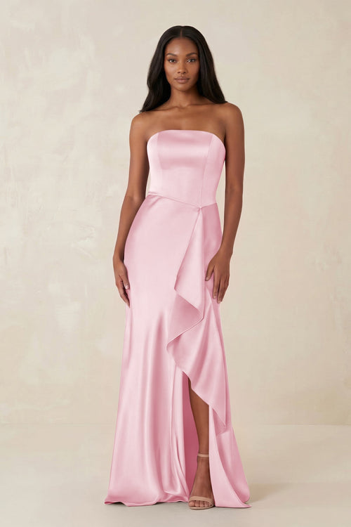 Sheath Strapless Ruffled Satin Bridesmaid Dress in PInk - KissProm Bridesmaid Dresses