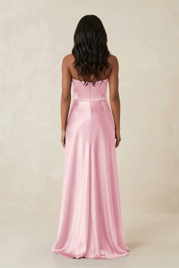 Sheath Strapless Ruffled Satin Bridesmaid Dress in PInk - KissProm Bridesmaid Dresses