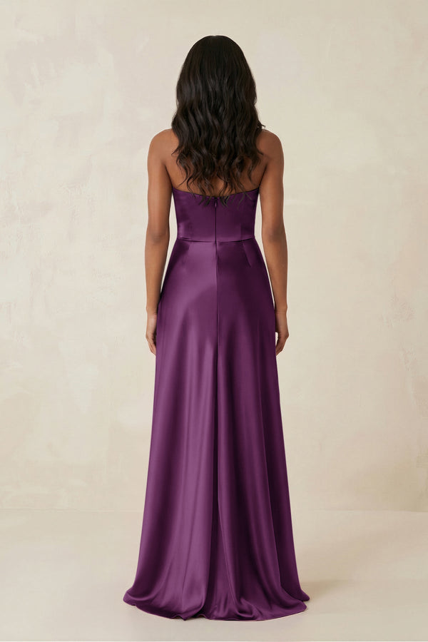 Sheath Strapless Ruffled Satin Bridesmaid Dress in Plum - KissProm Bridesmaid Dresses