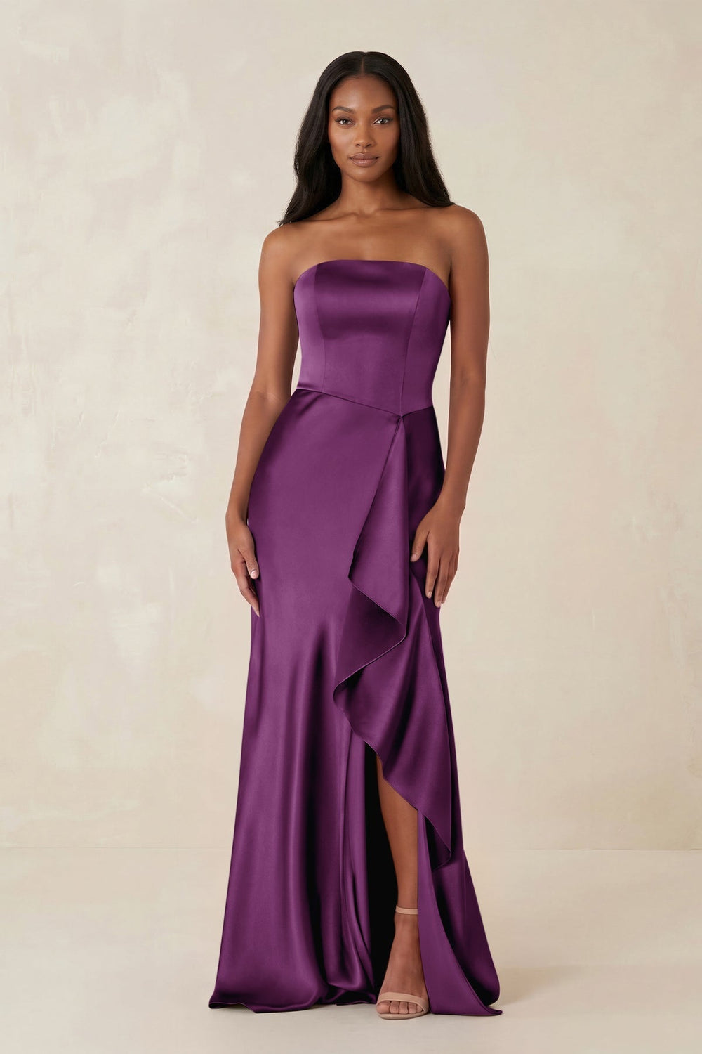 Sheath Strapless Ruffled Satin Bridesmaid Dress in Plum - KissProm Bridesmaid Dresses