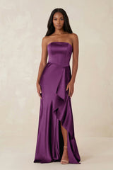 Sheath Strapless Ruffled Satin Bridesmaid Dress in Plum - KissProm Bridesmaid Dresses