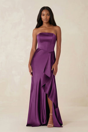 Sheath Strapless Ruffled Satin Bridesmaid Dress in Plum - KissProm Bridesmaid Dresses