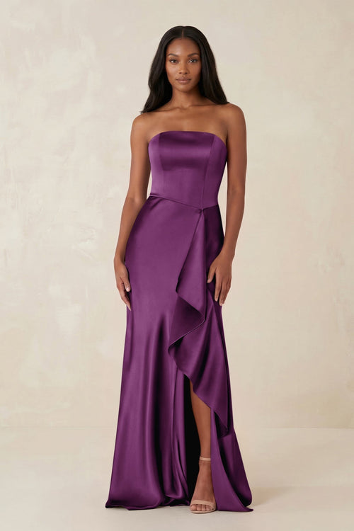 Sheath Strapless Ruffled Satin Bridesmaid Dress in Plum - KissProm Bridesmaid Dresses