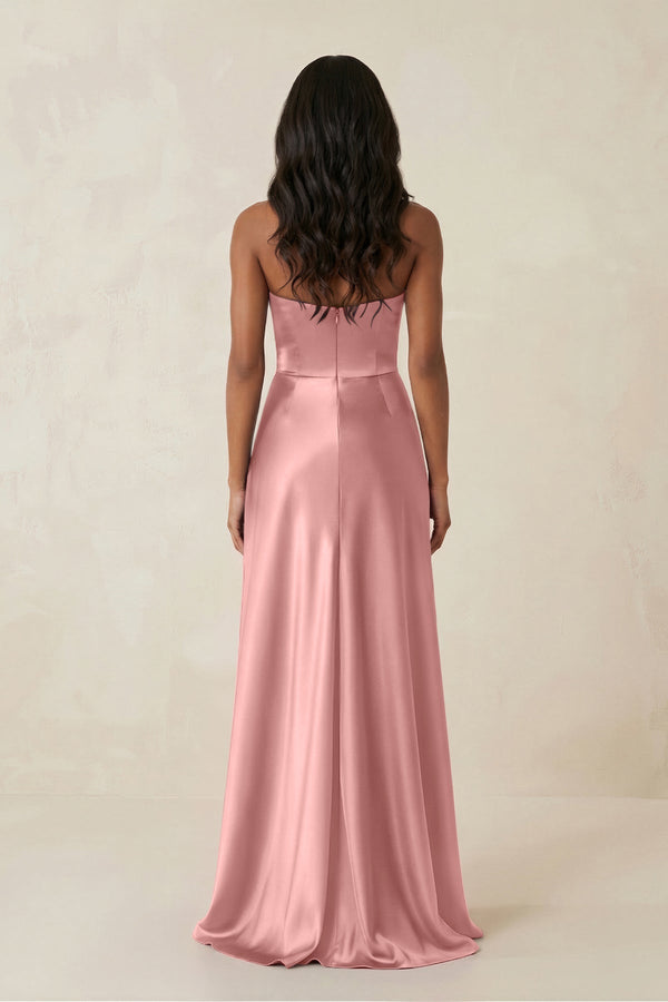 Sheath Strapless Ruffled Satin Bridesmaid Dress in Rosette - KissProm Bridesmaid Dresses