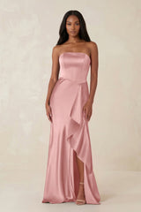 Sheath Strapless Ruffled Satin Bridesmaid Dress in Rosette - KissProm Bridesmaid Dresses