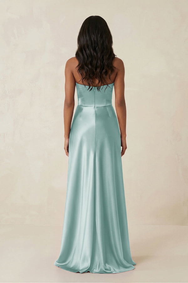Sheath Strapless Ruffled Satin Bridesmaid Dress in Sage - KissProm Bridesmaid Dresses