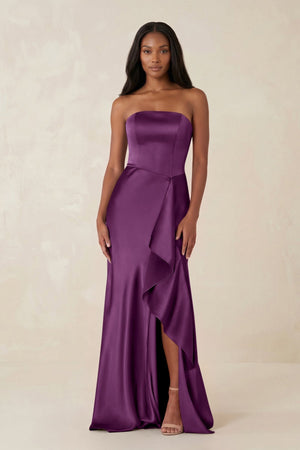 Sheath Strapless Ruffled Satin Bridesmaid Dress in Sangria - KissProm Bridesmaid Dresses