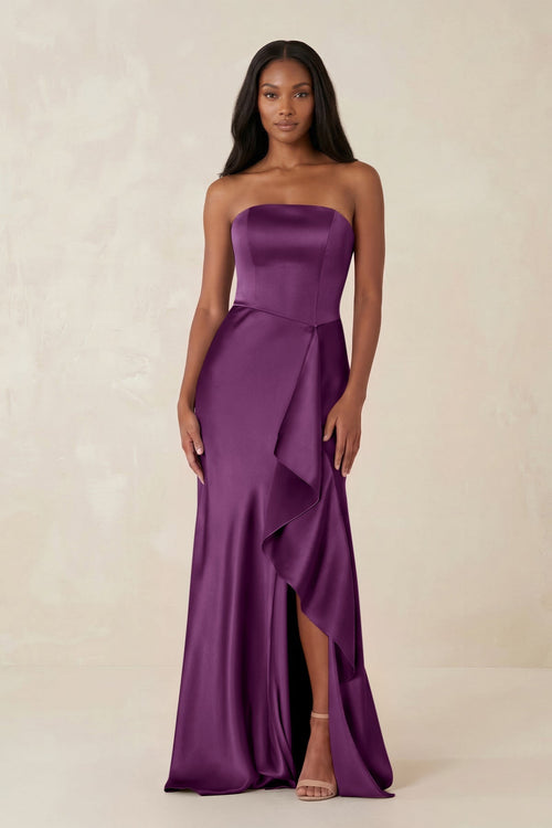 Sheath Strapless Ruffled Satin Bridesmaid Dress in Sangria - KissProm Bridesmaid Dresses