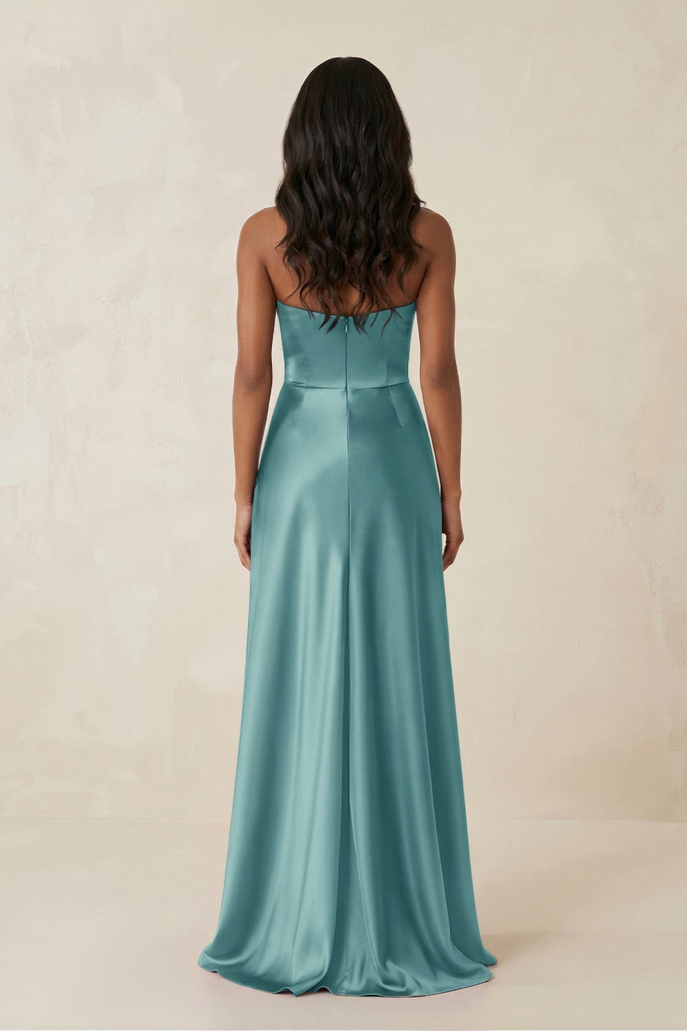 Sheath Strapless Ruffled Satin Bridesmaid Dress in Sea Glass - KissProm Bridesmaid Dresses