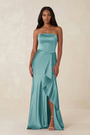 Sheath Strapless Ruffled Satin Bridesmaid Dress in Sea Glass - KissProm Bridesmaid Dresses