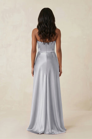 Sheath Strapless Ruffled Satin Bridesmaid Dress in Silver - KissProm Bridesmaid Dresses
