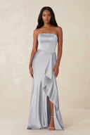 Sheath Strapless Ruffled Satin Bridesmaid Dress in Silver - KissProm Bridesmaid Dresses