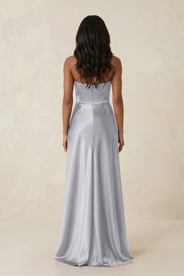Sheath Strapless Ruffled Satin Bridesmaid Dress in Silver - KissProm Bridesmaid Dresses