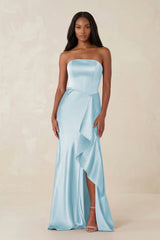 Sheath Strapless Ruffled Satin Bridesmaid Dress in Sky Blue - KissProm Bridesmaid Dresses