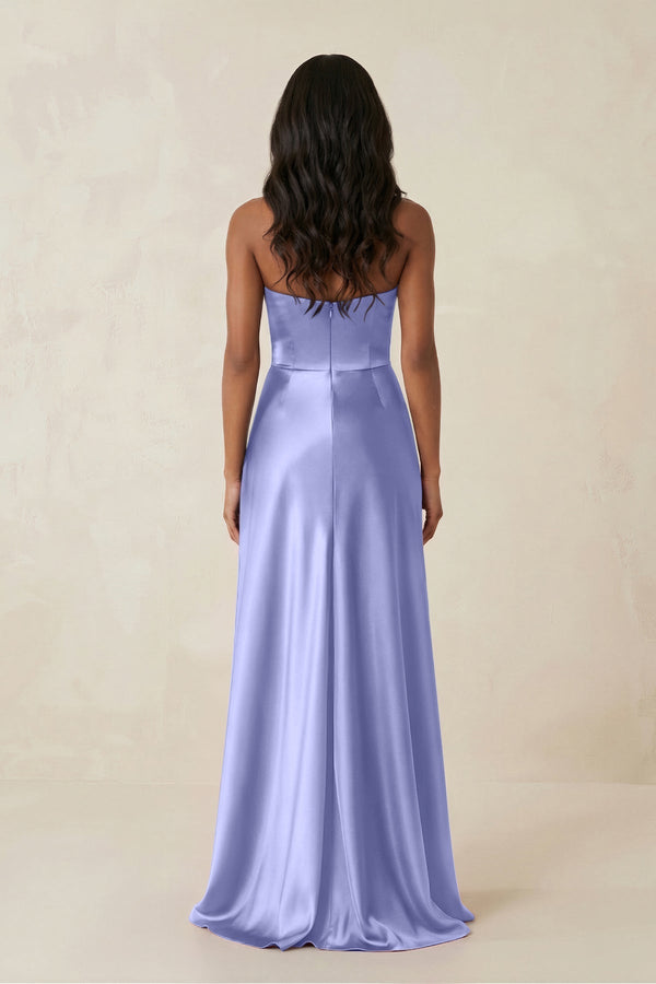 Sheath Strapless Ruffled Satin Bridesmaid Dress in Steel Blue - KissProm Bridesmaid Dresses
