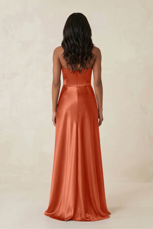 Sheath Strapless Ruffled Satin Bridesmaid Dress in Terracotta - KissProm Bridesmaid Dresses